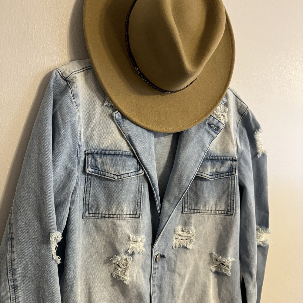 Mens Giovanco Casual Lapel Collar Single Breasted Ripped Denim Raw Trim Jacket S